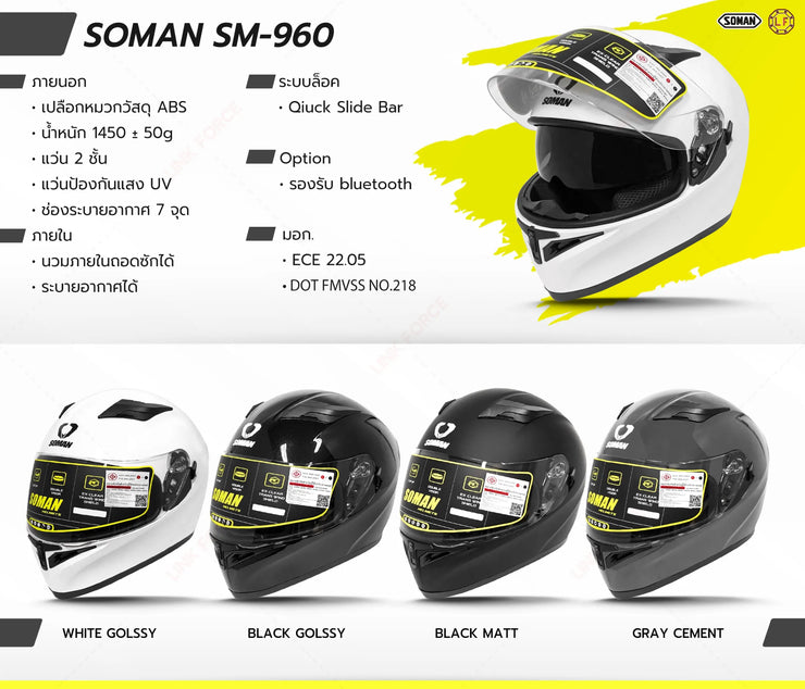 หมวกกันน็อค SOMAN - SM960 Plain Color สีดำด้าน