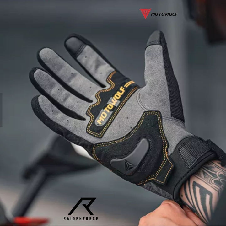 MOTOWOLF leather and fabric gloves, model 0333, gray